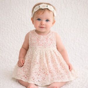 NWOT Baby Gap Ivory Lace Over Watermelon Pink Dress Matching Diaper Cover
